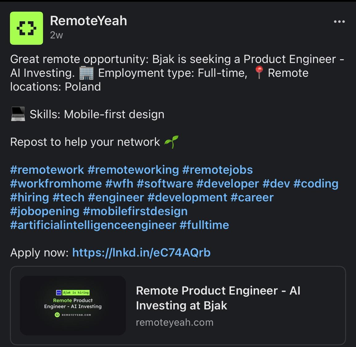 Bjak Product Engineer, AI Investing job post
