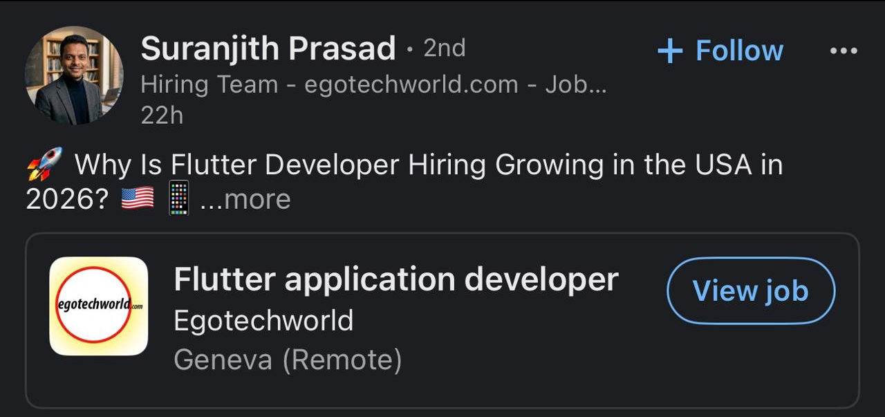 Post about Flutter developer hiring growing in the USA in 2026