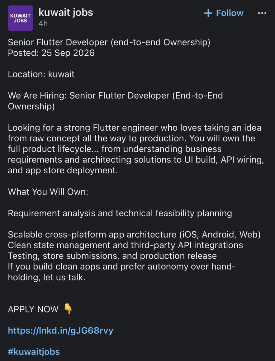 Senior Flutter Developer, end-to-end ownership job post