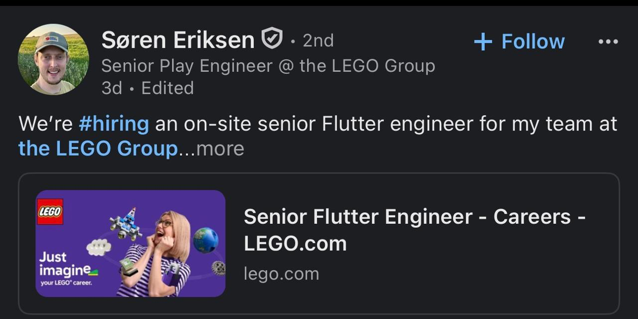 LEGO Group Senior Flutter Engineer job post