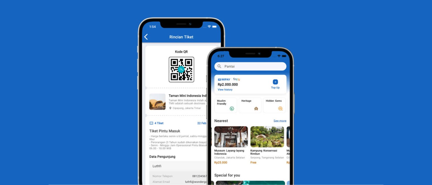 WIGO tourism app: ticket QR and destination discovery screens