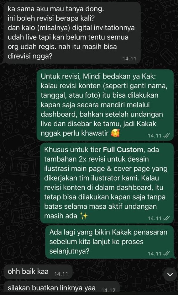 WhatsApp chat: a customer asks about revisions, Mindi explains, and the customer asks for the order link