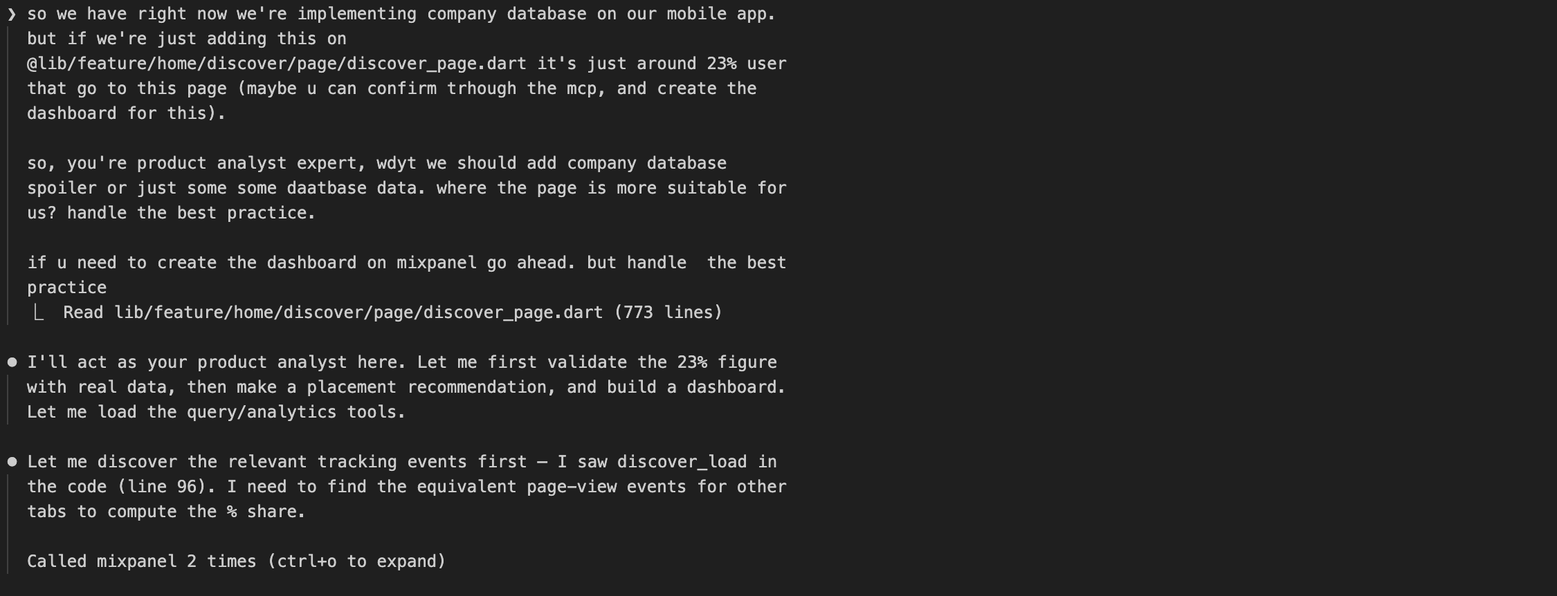 Claude Code acting as product analyst, validating the data and discovering tracking events