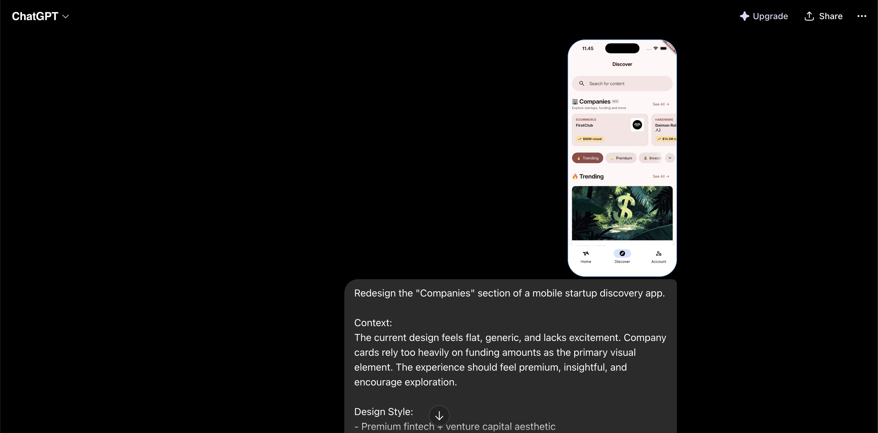 ChatGPT prompt to redesign the flat Companies section with the original screen
