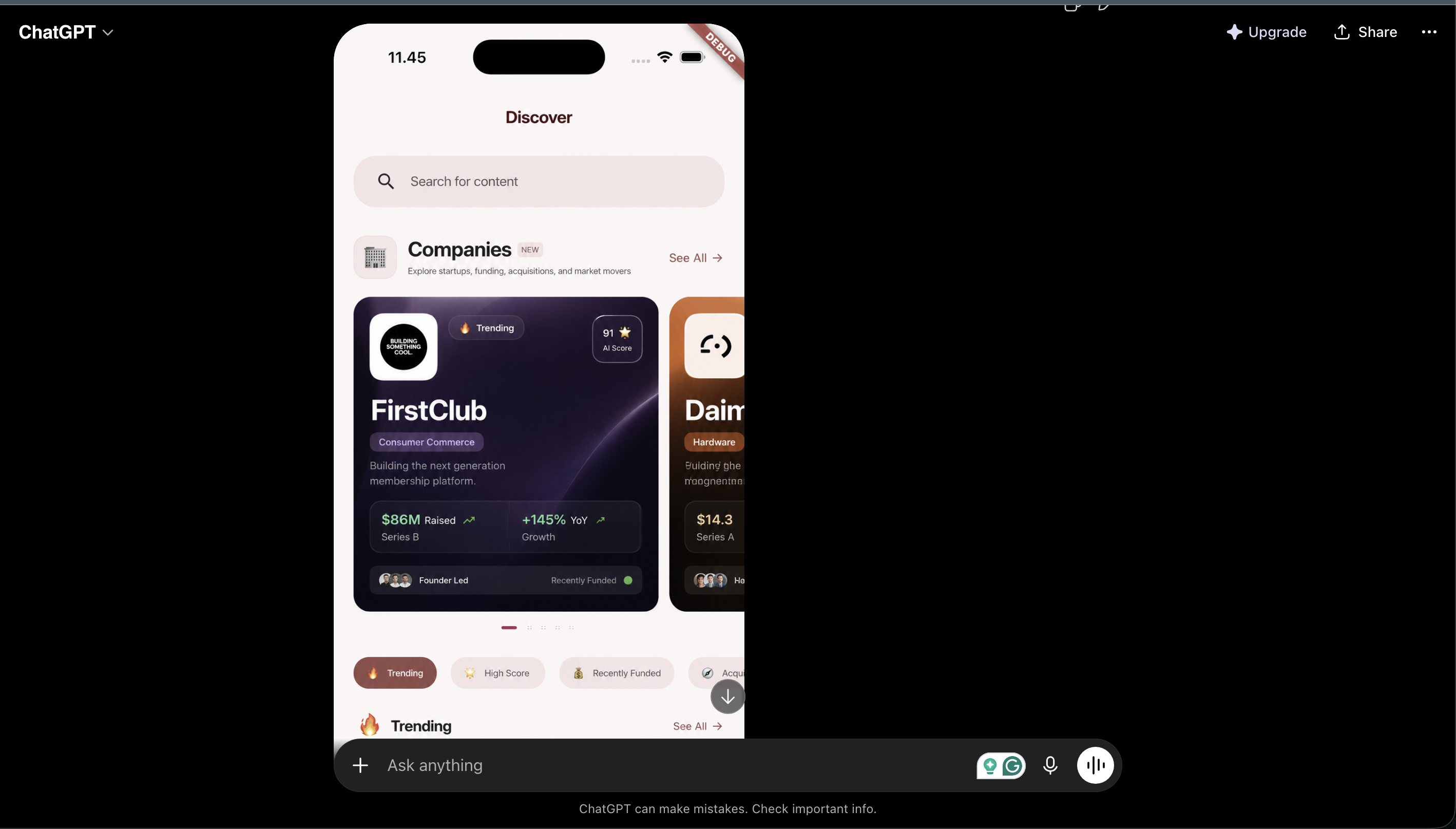 ChatGPT output — the redesigned premium Companies discovery section