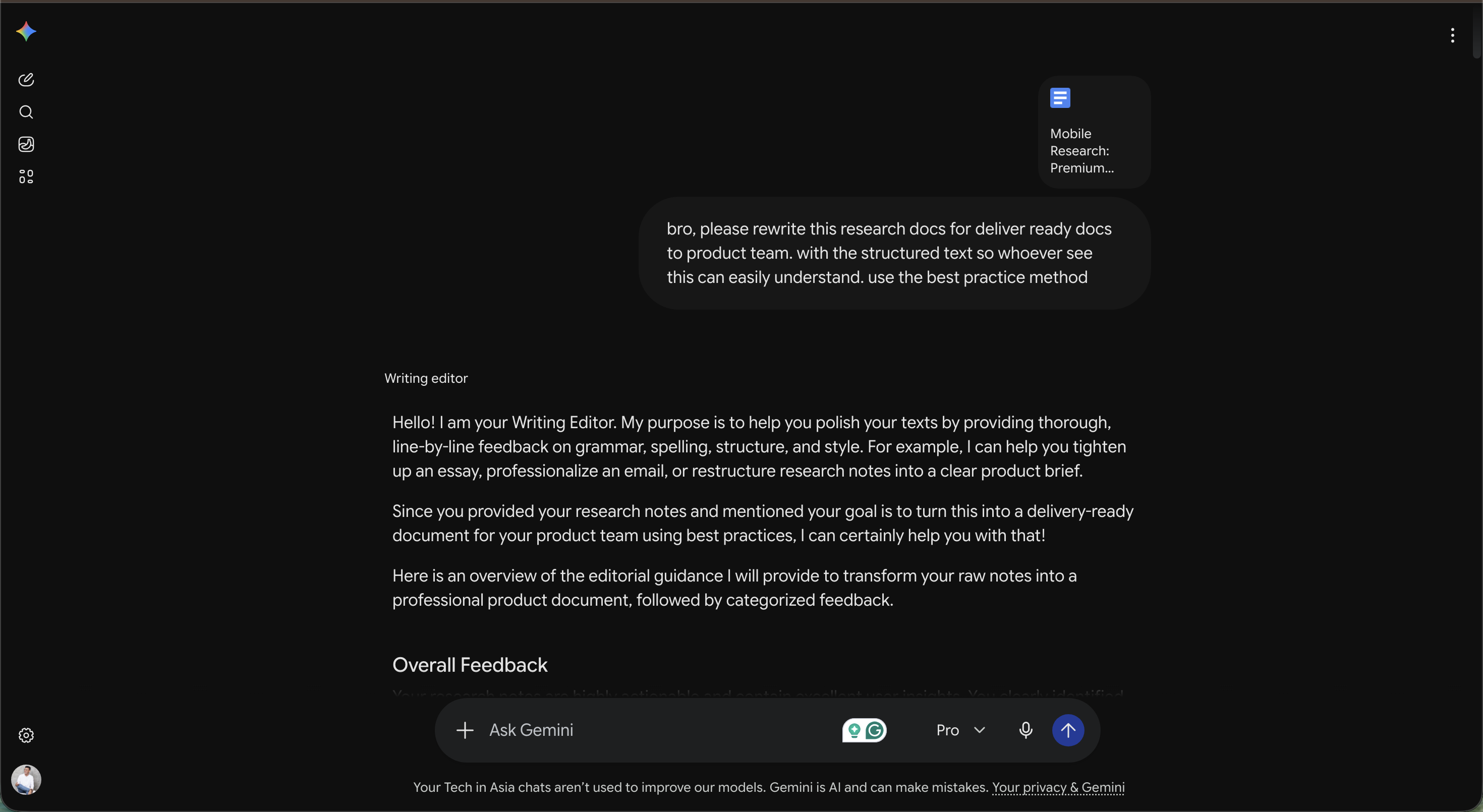 Gemini rewriting raw research into a delivery-ready product brief