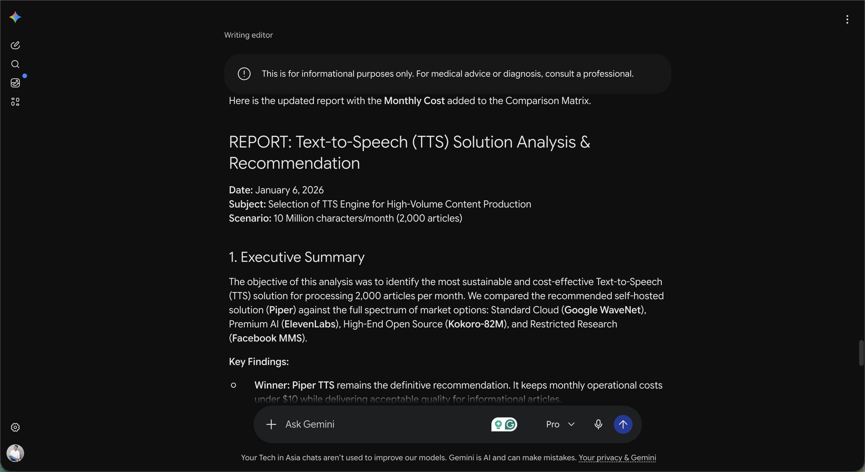TTS vendor analysis and recommendation report