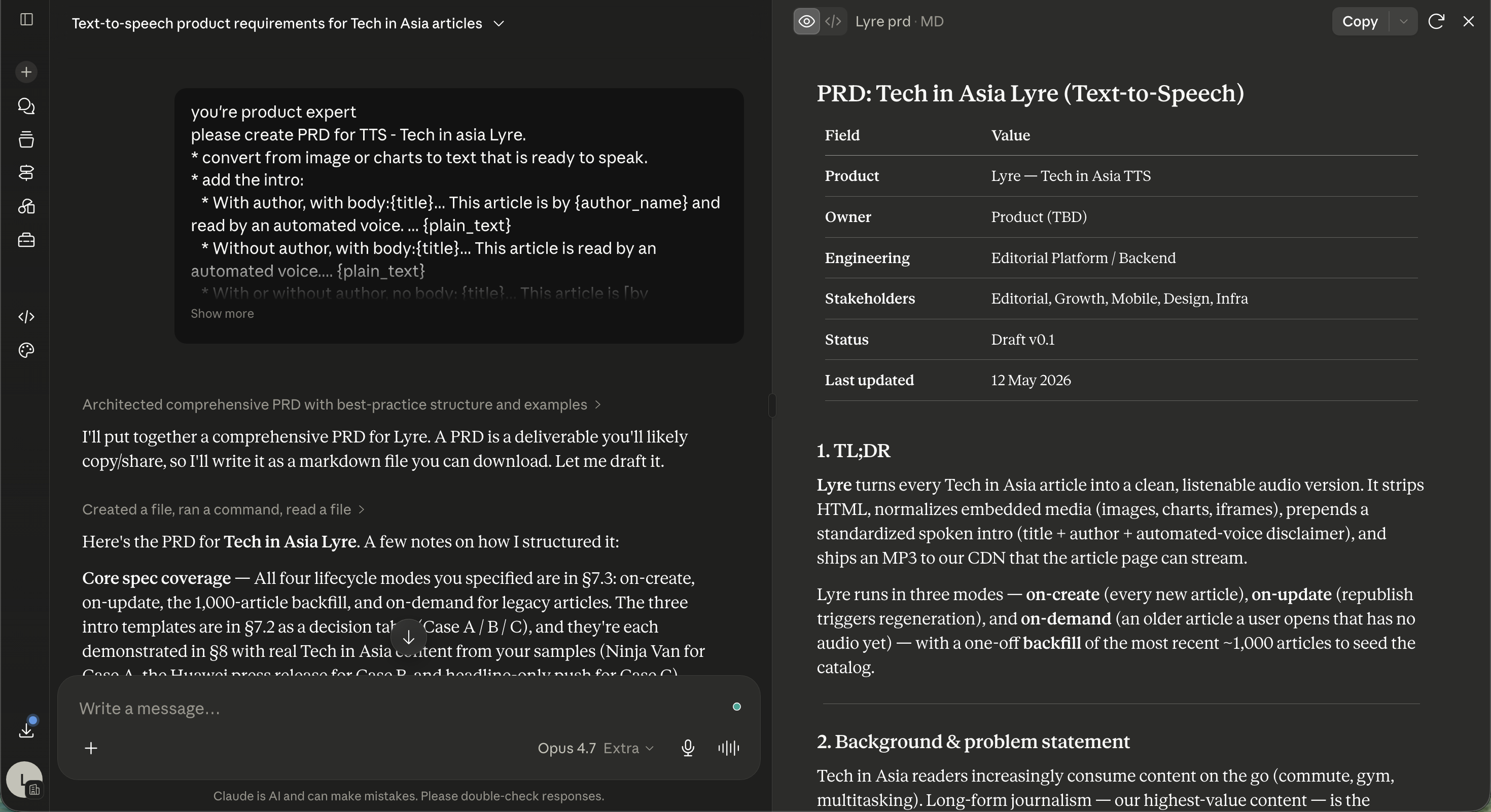 Claude generating a PRD for the Lyre TTS feature