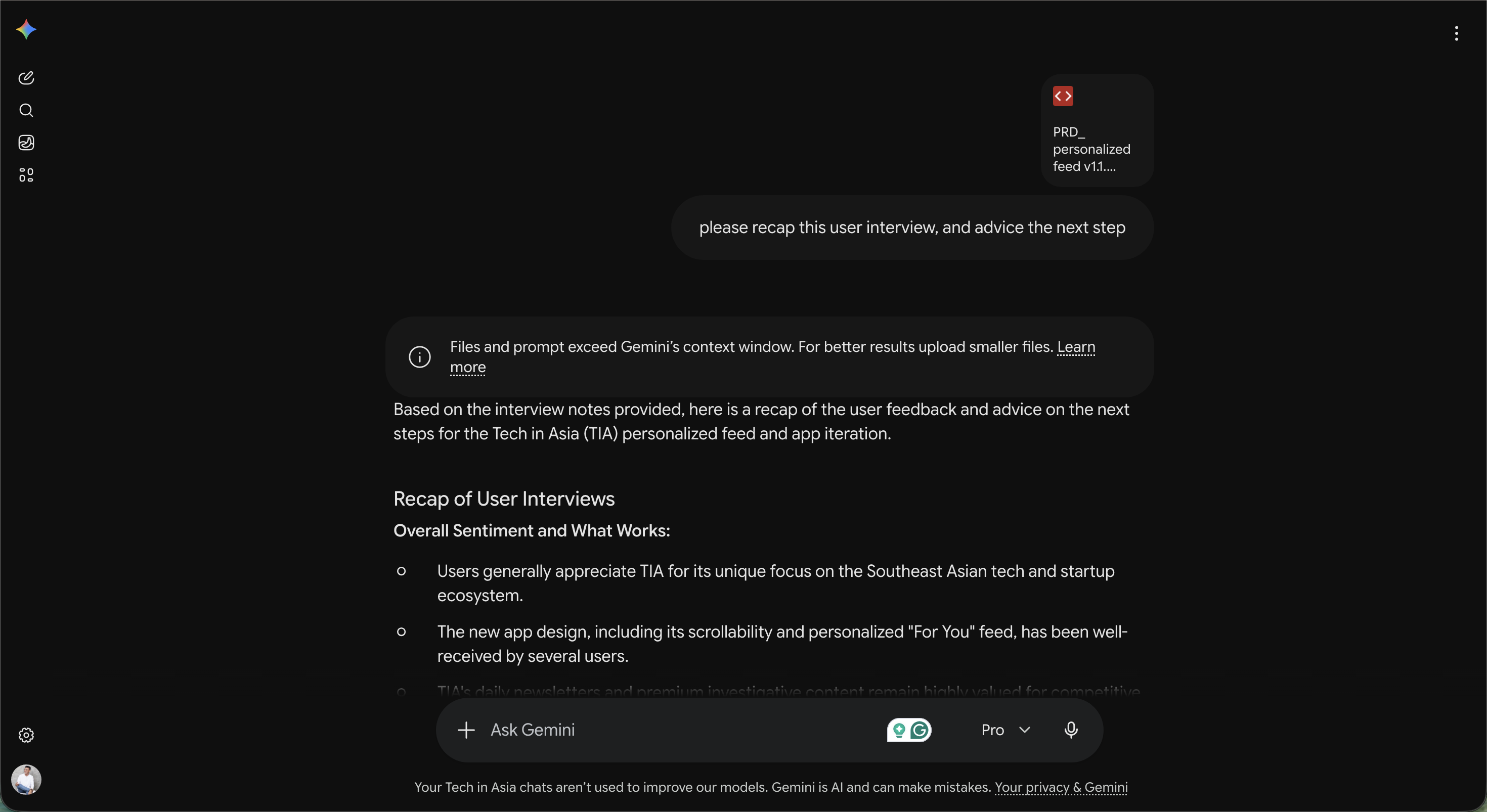 Gemini recapping a user interview and advising next steps