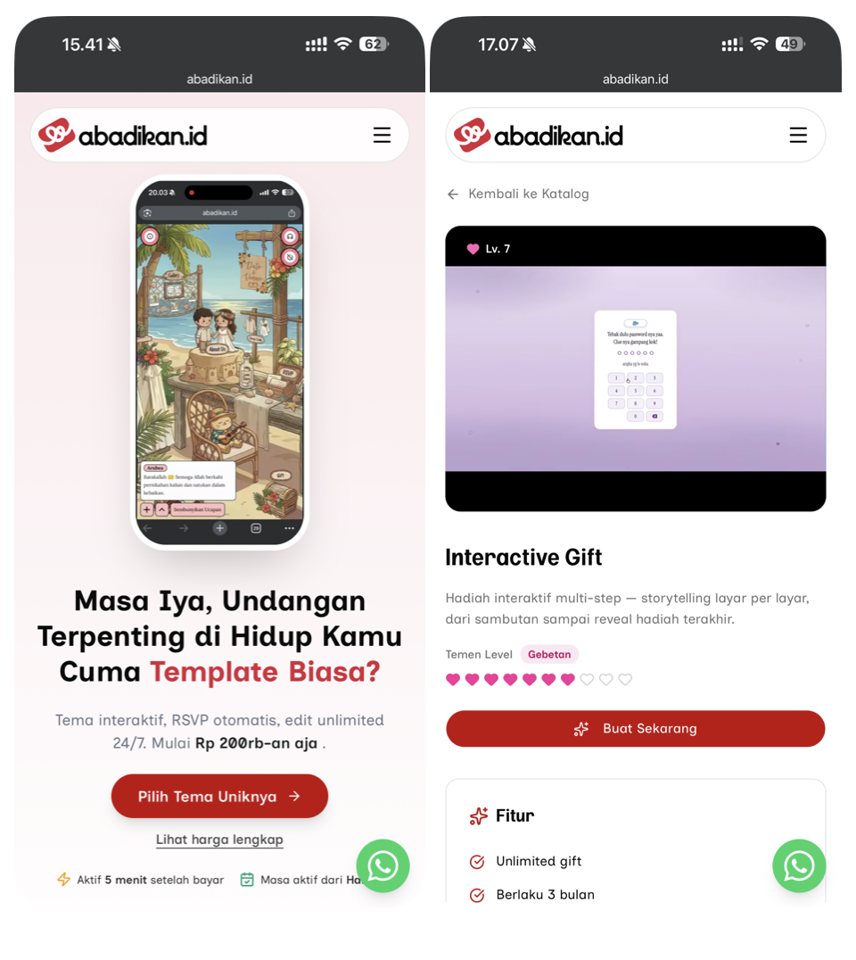 Abadikan.id storefront — an interactive digital wedding invitation and the new Interactive Gift product page