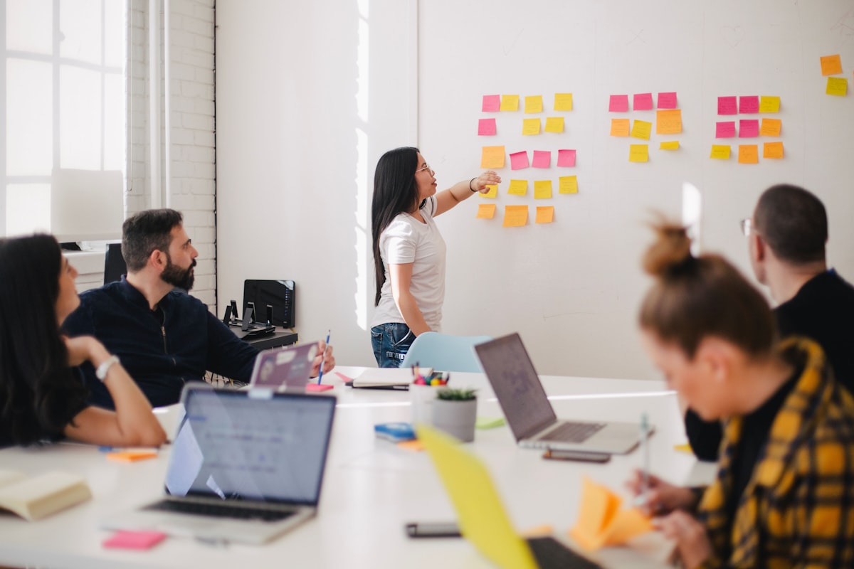 Team planning at a whiteboard of sticky notes